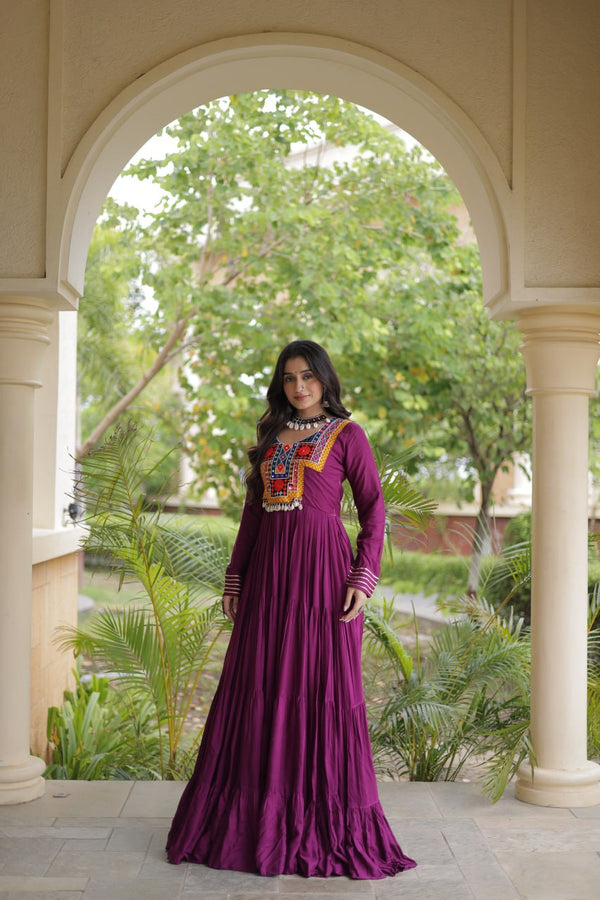 Wine Gamthi Mirror Work Gown ClothsVilla