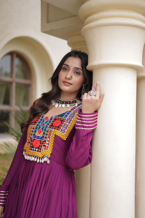 Wine Gamthi Mirror Work Gown ClothsVilla