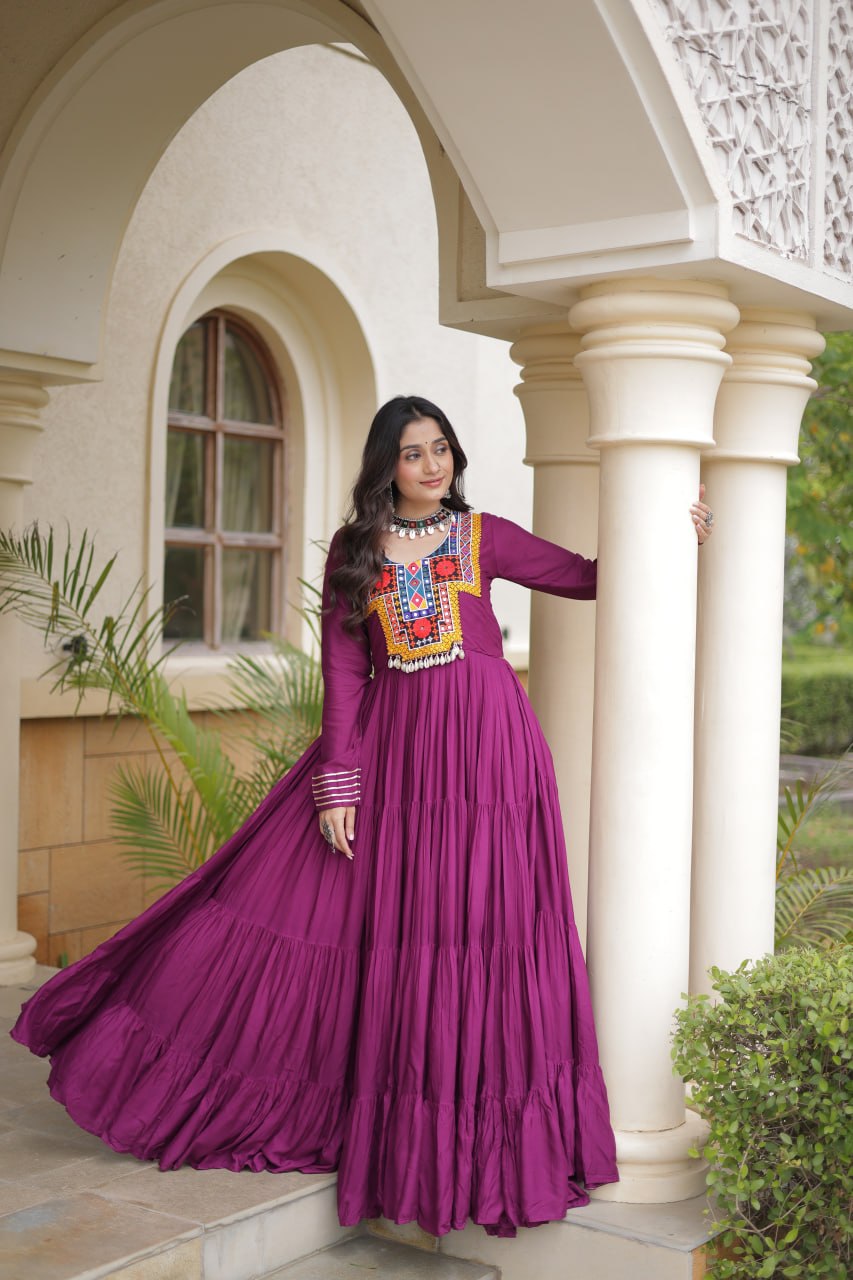 Wine Gamthi Mirror Work Gown ClothsVilla