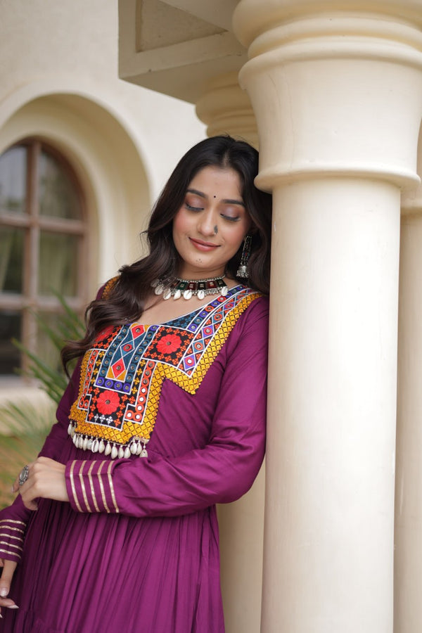 Wine Gamthi Mirror Work Gown ClothsVilla