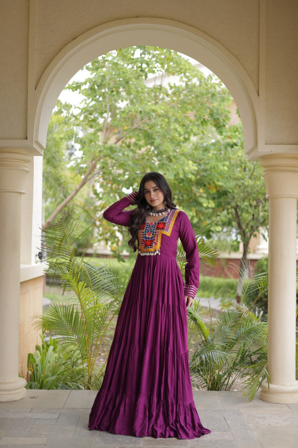 Wine Gamthi Mirror Work Gown ClothsVilla
