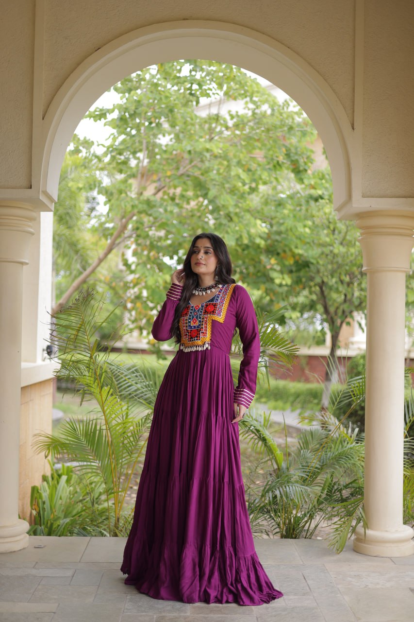 Wine Gamthi Mirror Work Gown ClothsVilla