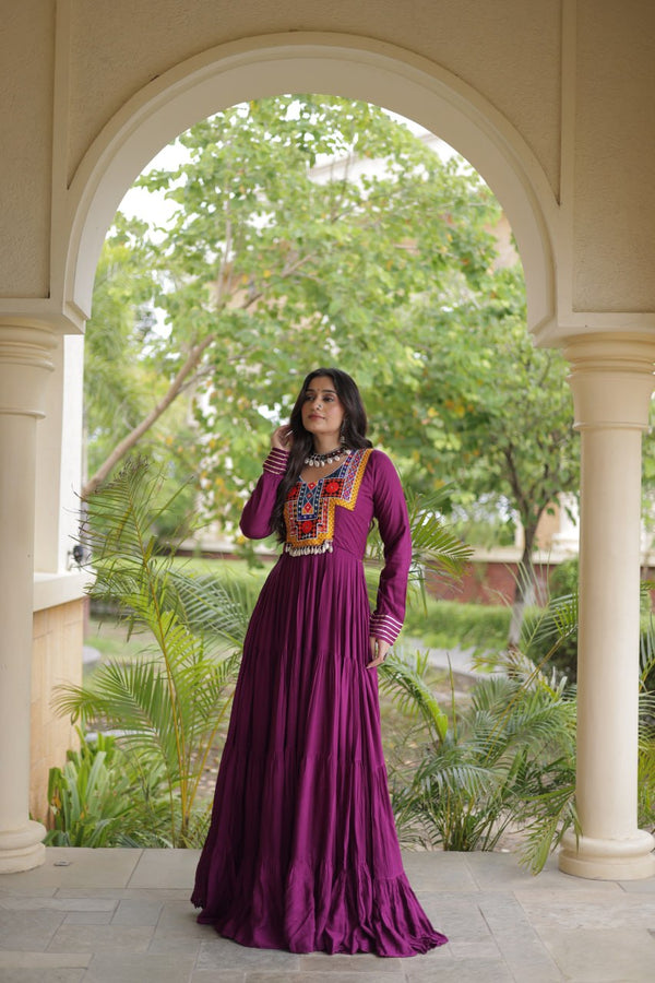 Wine Gamthi Mirror Work Gown ClothsVilla
