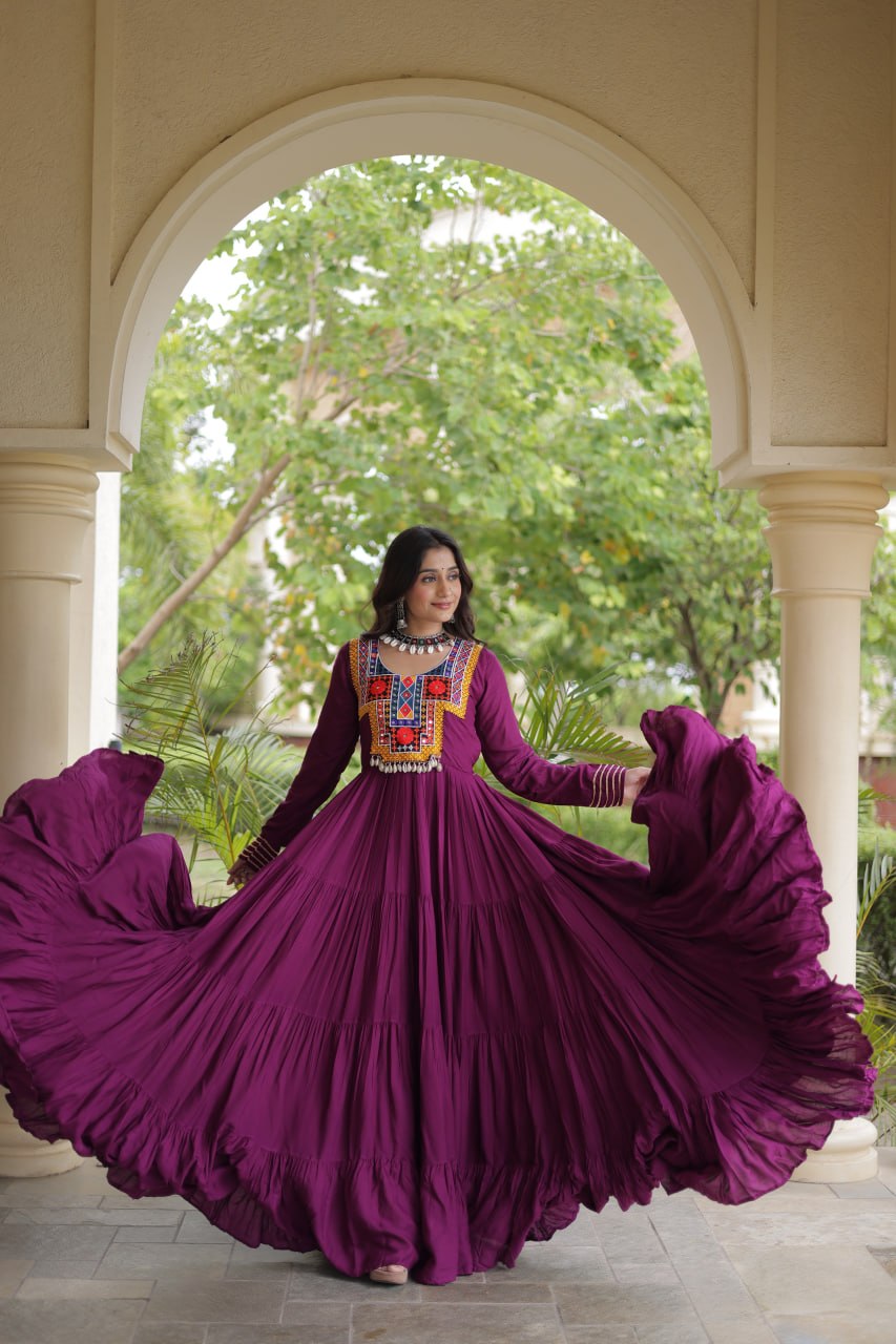 Wine Gamthi Mirror Work Gown ClothsVilla