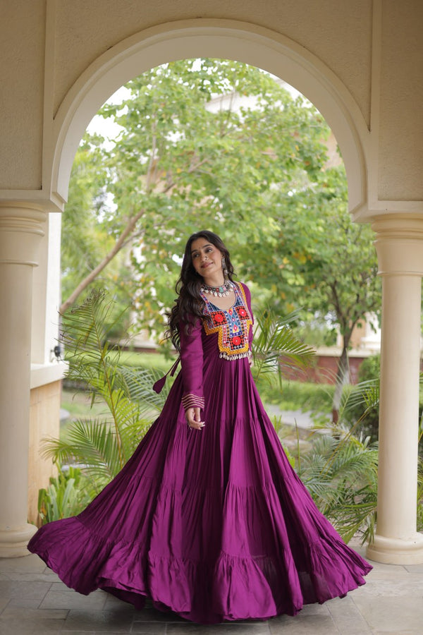 Wine Gamthi Mirror Work Gown ClothsVilla
