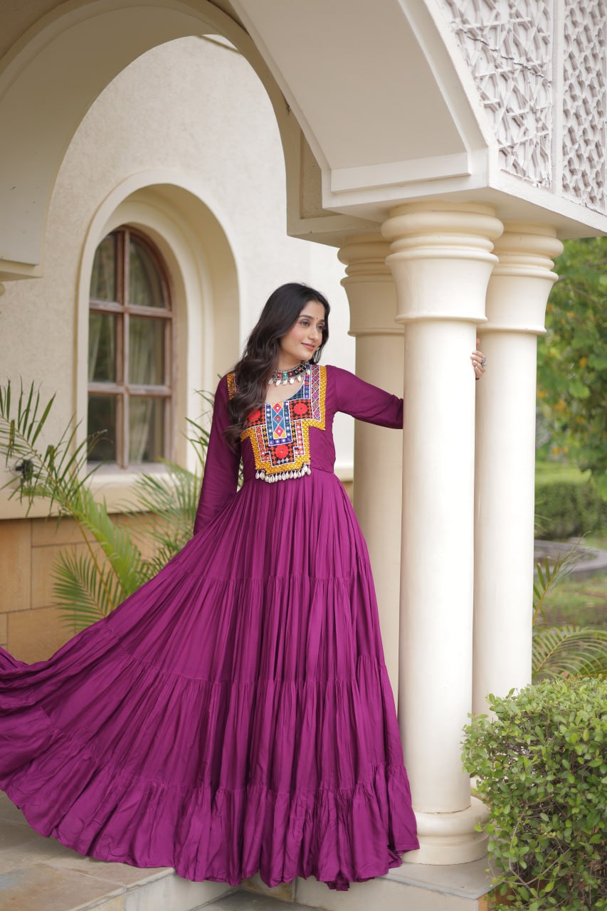 Wine Gamthi Mirror Work Gown ClothsVilla