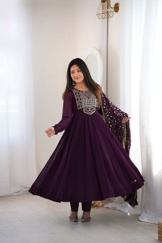 Wine Georgette Anarkali Suit ClothsVilla