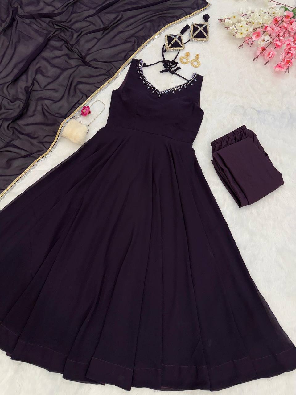 Wine Georgette Hotfix Anarkali Suit ClothsVilla