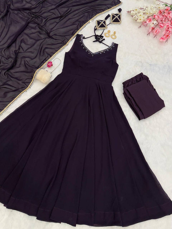 Wine Georgette Hotfix Anarkali Suit ClothsVilla