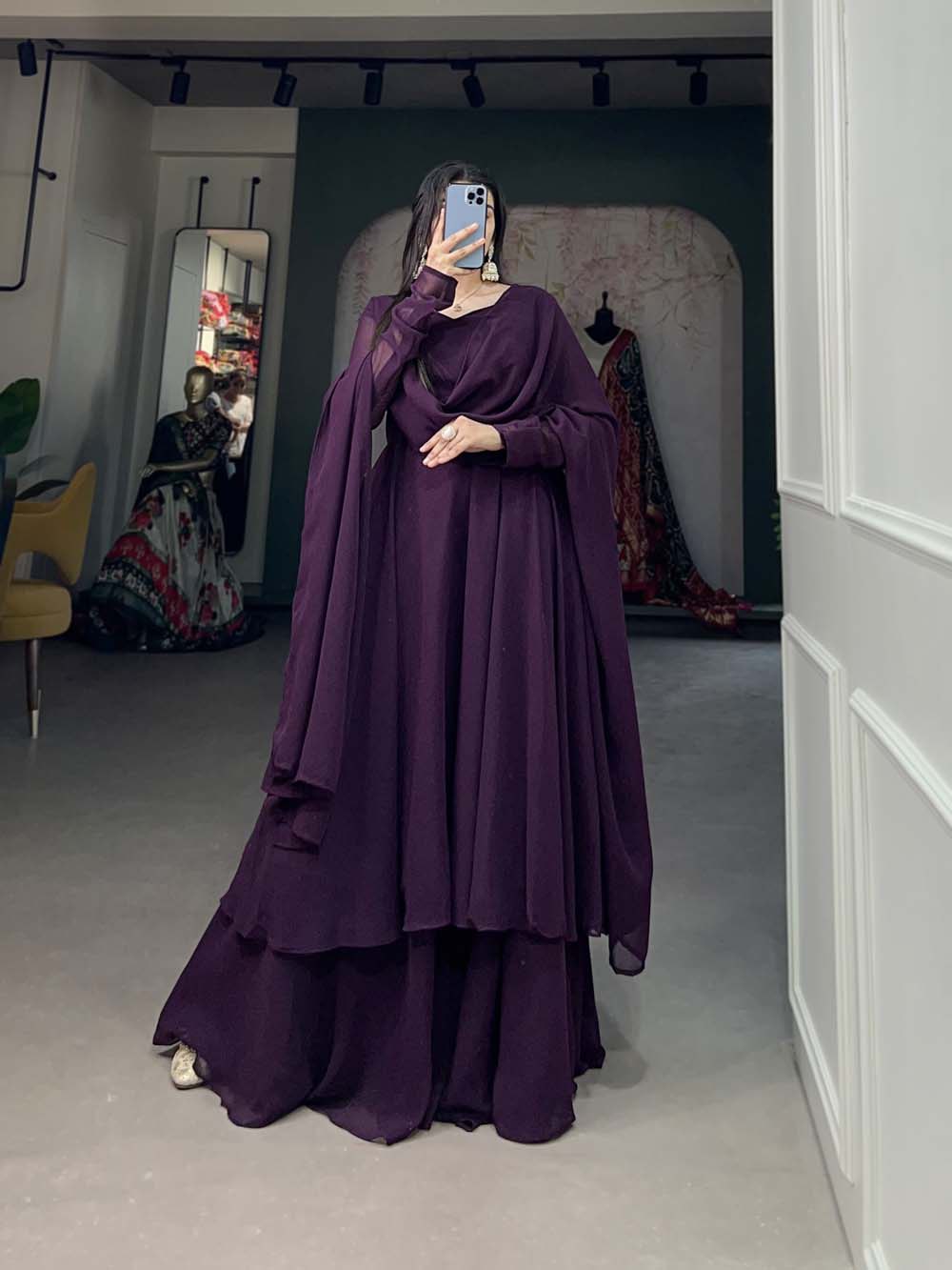 Alluring Wine Georgette Kurti Palazzo Set with Dupatta - Modern Indian Chic - Set of 3 ClothsVilla