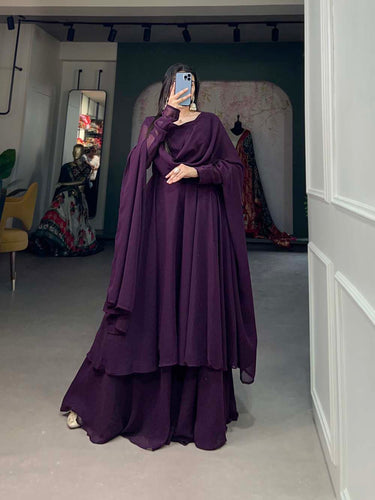 Alluring Wine Georgette Kurti Palazzo Set with Dupatta - Modern Indian Chic - Set of 3 ClothsVilla