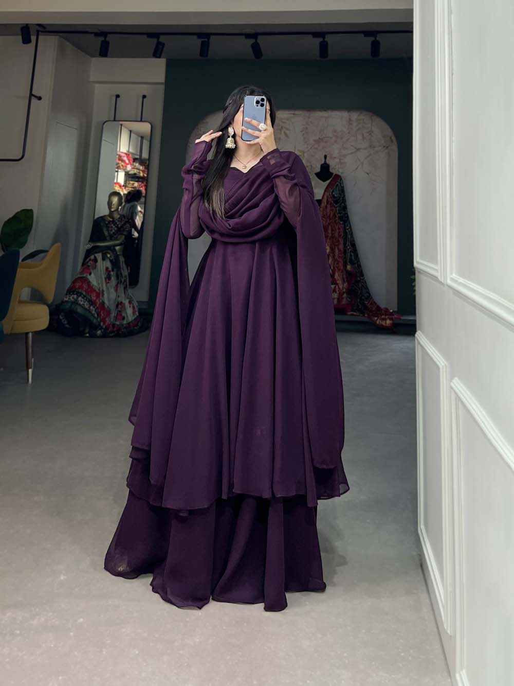 Alluring Wine Georgette Kurti Palazzo Set with Dupatta - Modern Indian Chic - Set of 3 ClothsVilla Main image