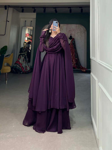 Alluring Wine Georgette Kurti Palazzo Set with Dupatta - Modern Indian Chic - Set of 3 ClothsVilla
