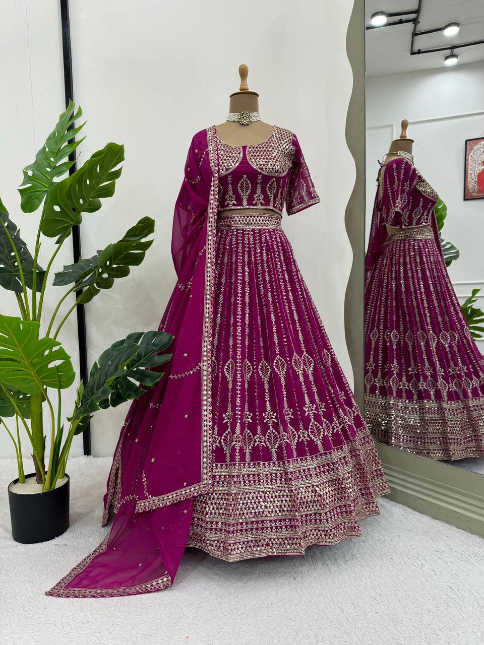 Wine Glamorous Faux Georgette Semi-Stitched Lehenga Set with Sequins & Cancan Flair Clothsvilla