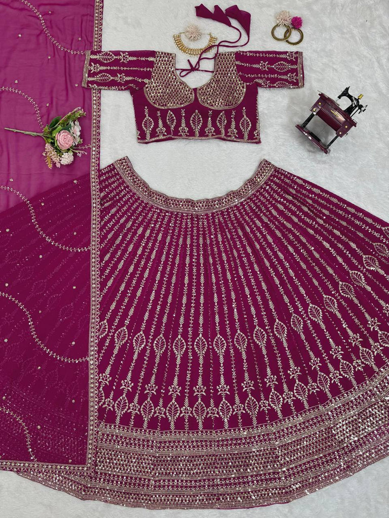 Wine Glamorous Faux Georgette Semi-Stitched Lehenga Set with Sequins & Cancan Flair Clothsvilla