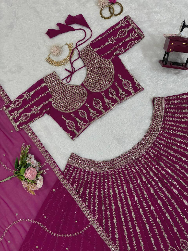 Wine Glamorous Faux Georgette Semi-Stitched Lehenga Set with Sequins & Cancan Flair Clothsvilla