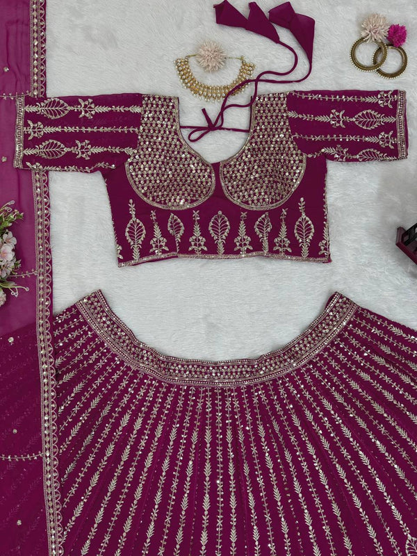 Wine Glamorous Faux Georgette Semi-Stitched Lehenga Set with Sequins & Cancan Flair Clothsvilla
