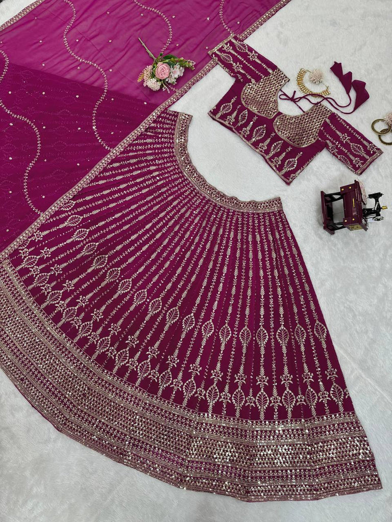Wine Glamorous Faux Georgette Semi-Stitched Lehenga Set with Sequins & Cancan Flair Clothsvilla