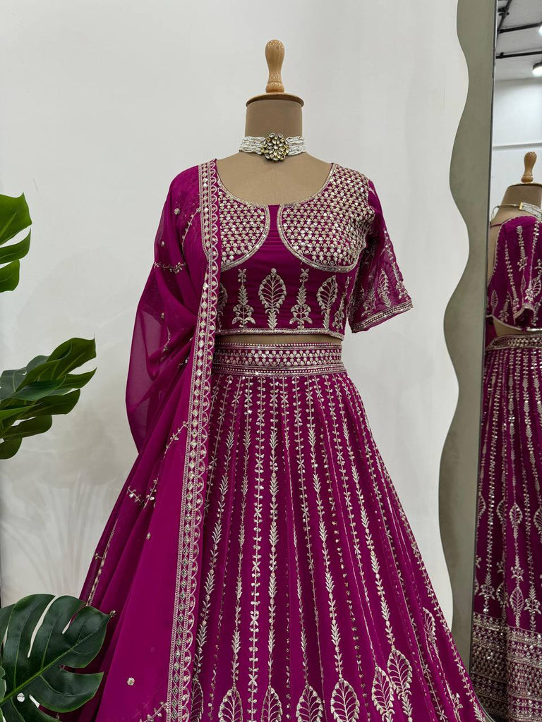 Wine Glamorous Faux Georgette Semi-Stitched Lehenga Set with Sequins & Cancan Flair Clothsvilla