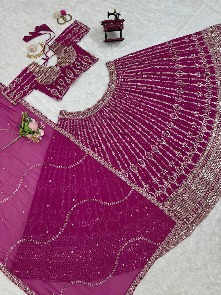 Wine Glamorous Faux Georgette Semi-Stitched Lehenga Set with Sequins & Cancan Flair Clothsvilla