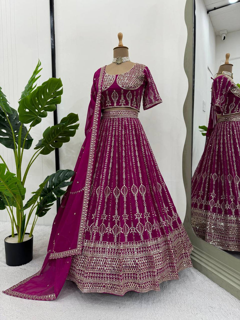 Wine Glamorous Faux Georgette Semi-Stitched Lehenga Set with Sequins & Cancan Flair Clothsvilla