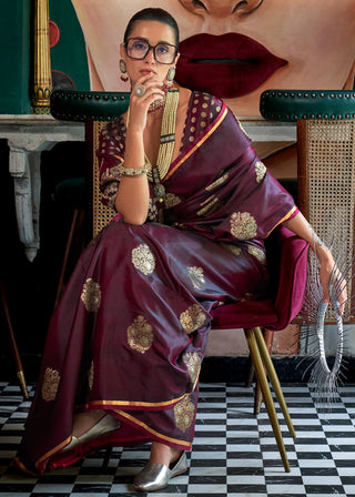 Wine Glamorous Satin Silk Saree – Perfect for Cocktail & Dinner Parties ClothsVilla