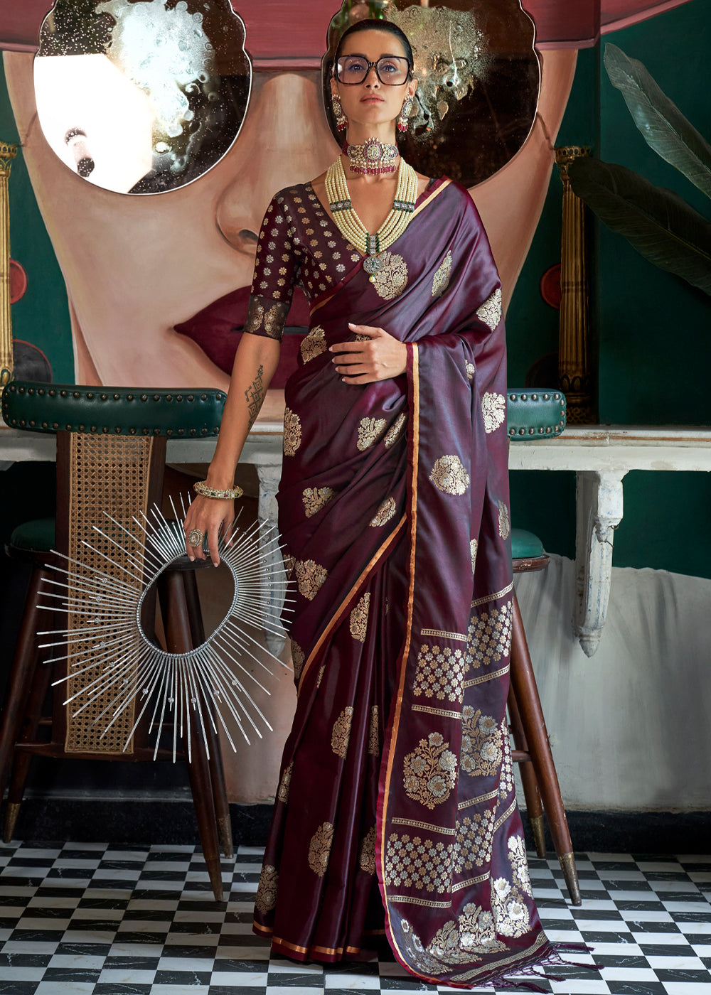 Wine Glamorous Satin Silk Saree – Perfect for Cocktail & Dinner Parties ClothsVilla Main image