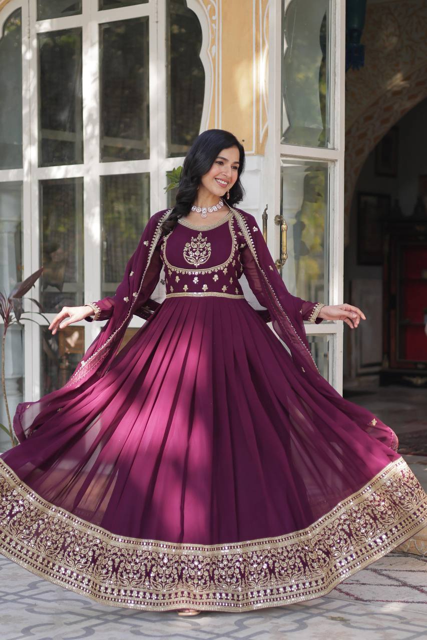 Wine Glamorous Sequins Embroidered Gown with Dupatta