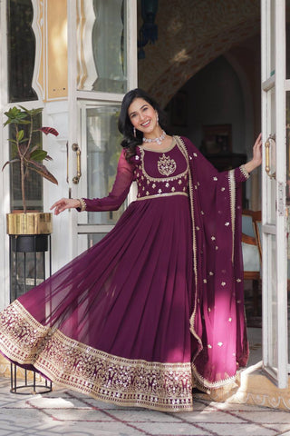 Wine Glamorous Sequins Embroidered Gown with Dupatta