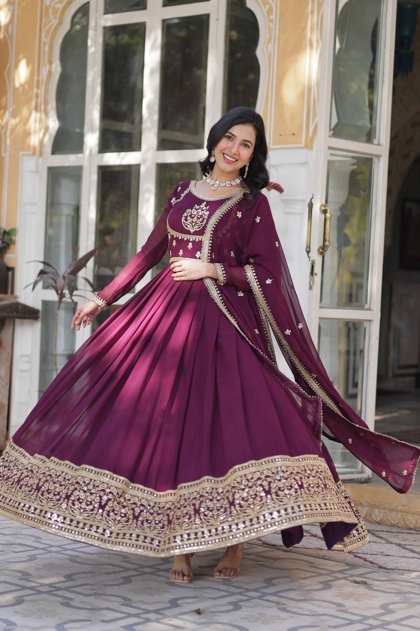 Wine Glamorous Sequins Embroidered Gown with Dupatta
