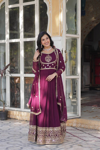 Wine Glamorous Sequins Embroidered Gown with Dupatta