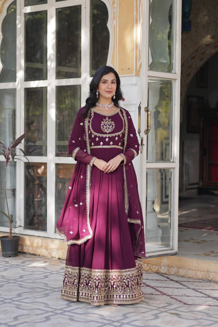 Wine Glamorous Sequins Embroidered Gown with Dupatta
