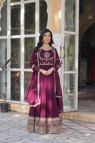 Wine Glamorous Sequins Embroidered Gown with Dupatta