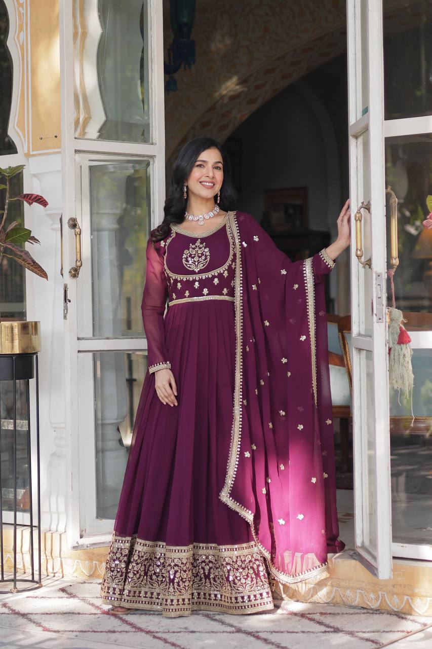 Wine Glamorous Sequins Embroidered Gown with Dupatta