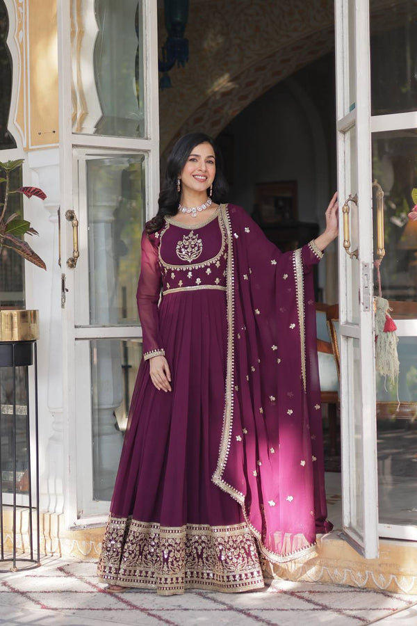 Wine Glamorous Sequins Embroidered Gown with Dupatta