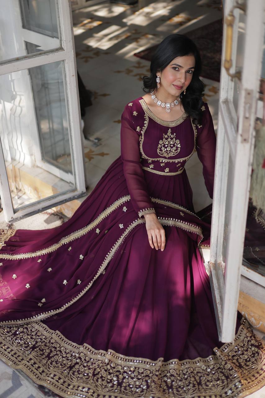 Wine Glamorous Sequins Embroidered Gown with Dupatta