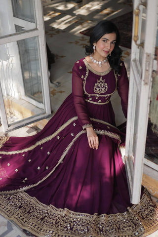 Wine Glamorous Sequins Embroidered Gown with Dupatta