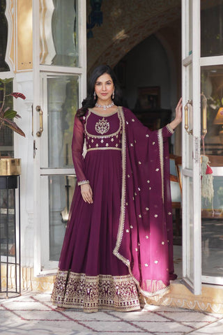 Wine Glamorous Sequins Embroidered Gown with Dupatta