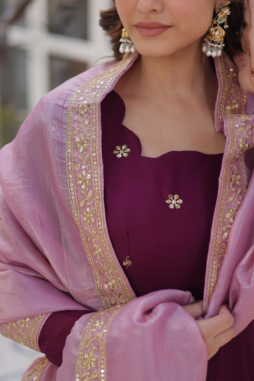 Wine Glamorous Star Georgette Embroidered Gown with Gold Crush Dupatta ClothsVilla