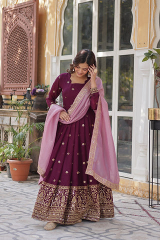 Wine Glamorous Star Georgette Embroidered Gown with Gold Crush Dupatta ClothsVilla