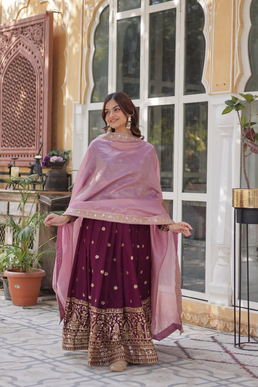 Wine Glamorous Star Georgette Embroidered Gown with Gold Crush Dupatta ClothsVilla