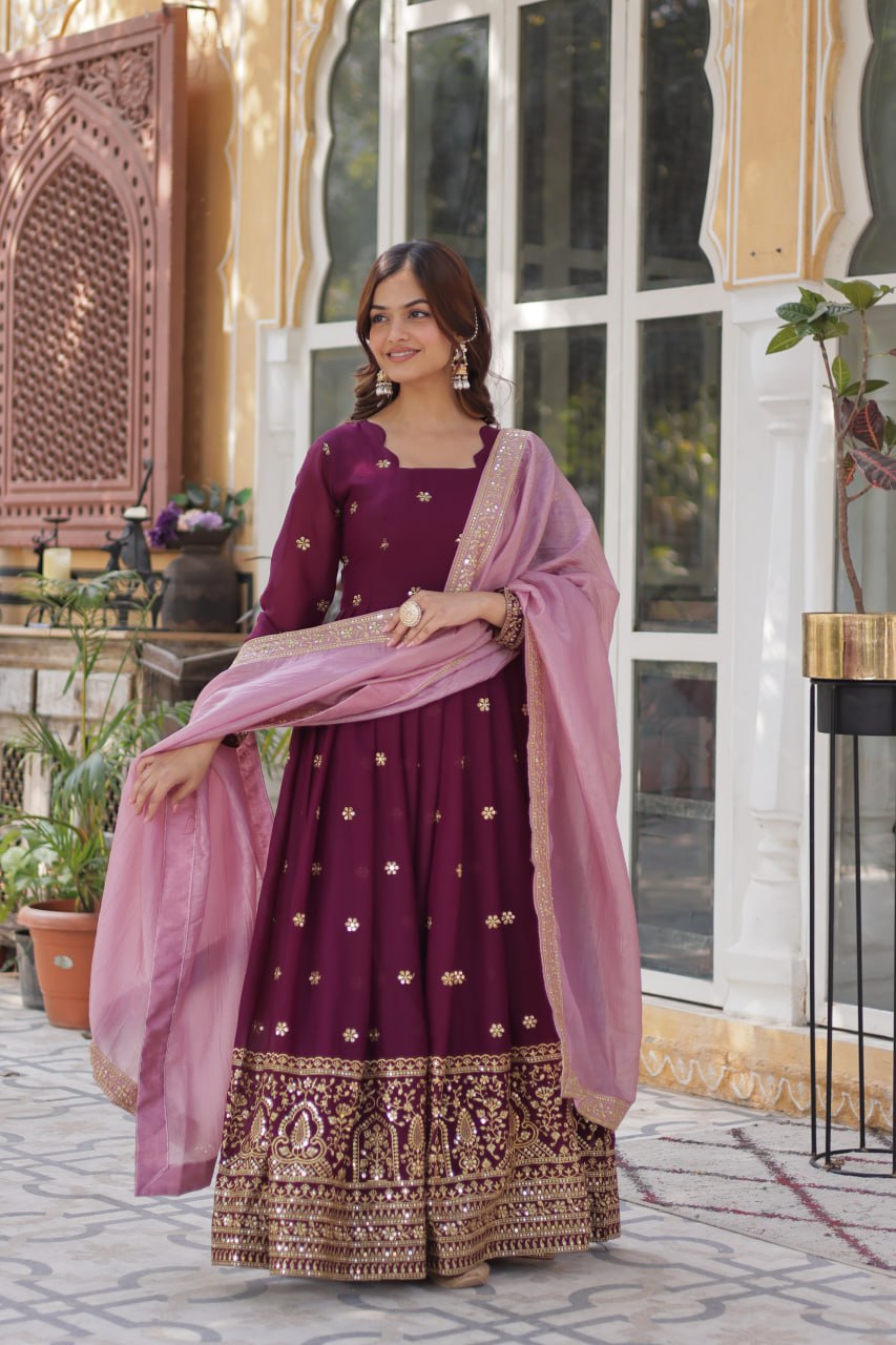 Wine Glamorous Star Georgette Embroidered Gown with Gold Crush Dupatta ClothsVilla