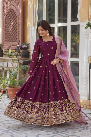 Wine Glamorous Star Georgette Embroidered Gown with Gold Crush Dupatta ClothsVilla