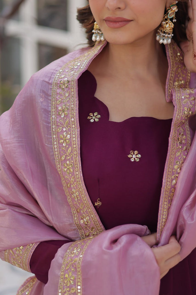Wine Glamorous Star Georgette Embroidered Gown with Gold Crush Dupatta ClothsVilla