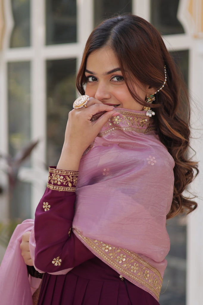 Wine Glamorous Star Georgette Embroidered Gown with Gold Crush Dupatta ClothsVilla