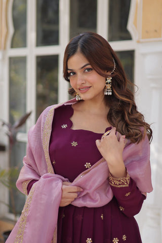 Wine Glamorous Star Georgette Embroidered Gown with Gold Crush Dupatta ClothsVilla