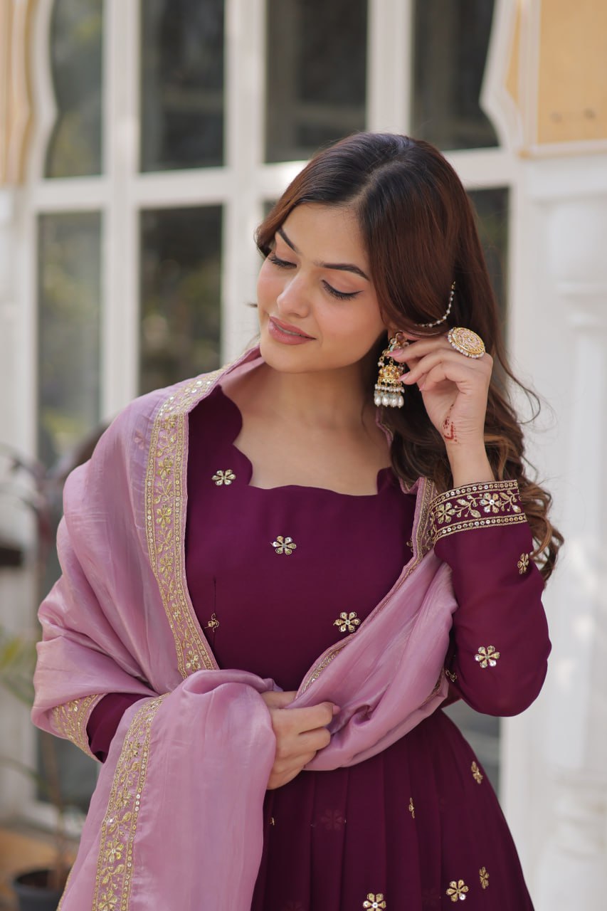 Wine Glamorous Star Georgette Embroidered Gown with Gold Crush Dupatta ClothsVilla