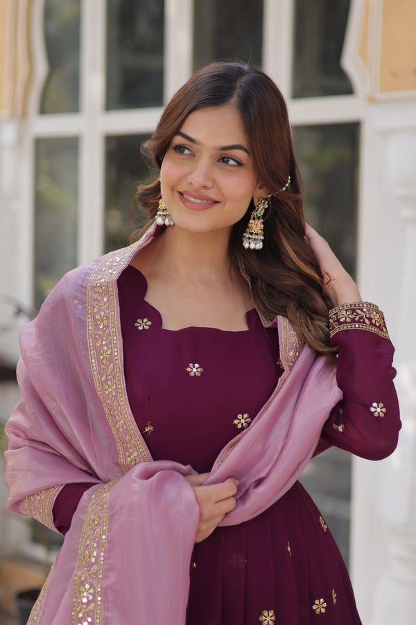 Wine Glamorous Star Georgette Embroidered Gown with Gold Crush Dupatta ClothsVilla