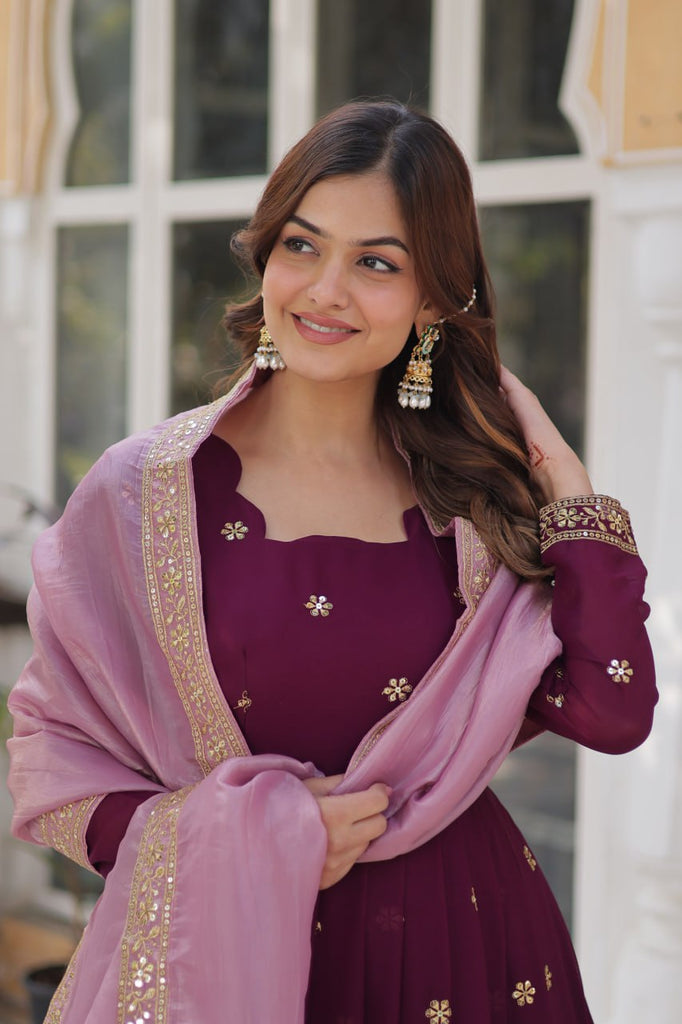 Wine Glamorous Star Georgette Embroidered Gown with Gold Crush Dupatta ClothsVilla