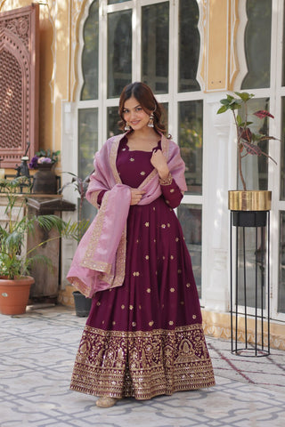 Wine Glamorous Star Georgette Embroidered Gown with Gold Crush Dupatta ClothsVilla